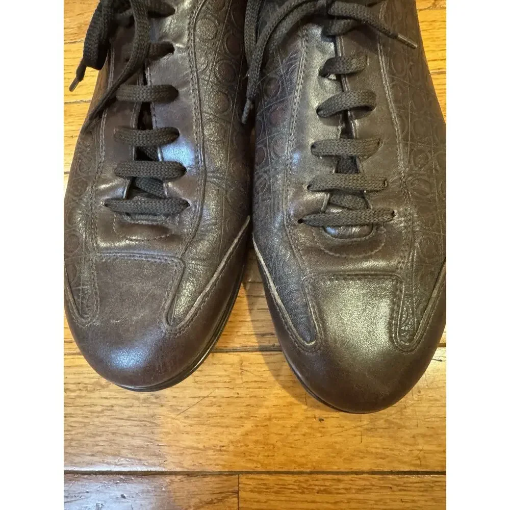 Salvatore Ferragamo LOGO BROWN LEATHER DRESS SNEAKER 9eee (700
